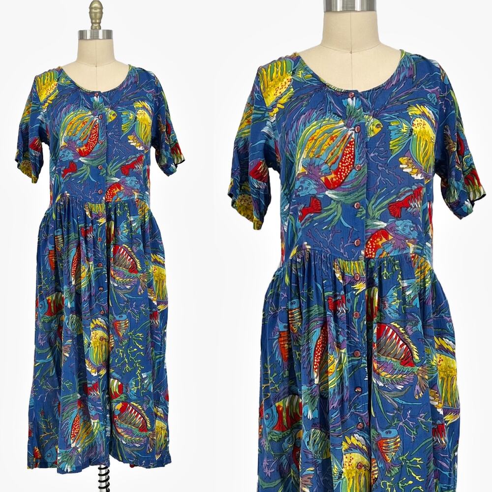 Vtg 70s Adini Tropical Fish Print Gauze Midi Button-Up Dress size Medium